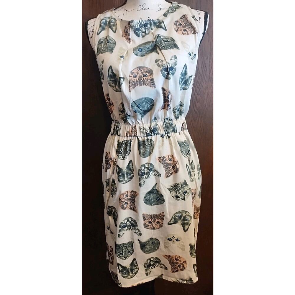 Retrolicious Cat Print Dress - Cream and Green